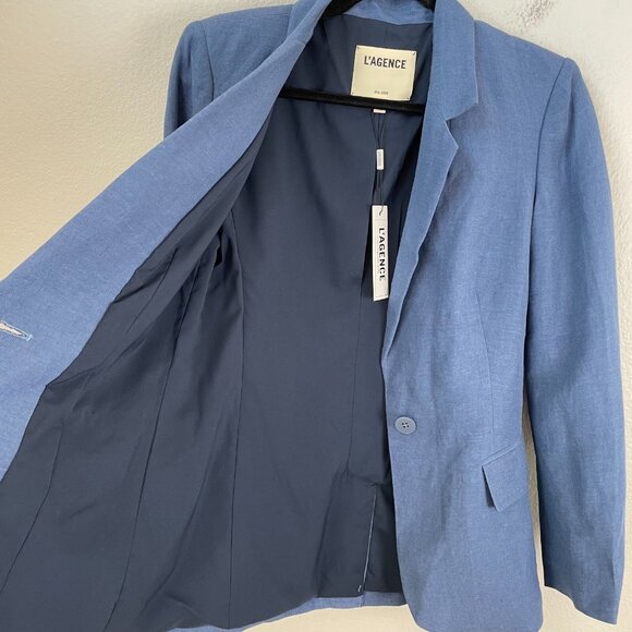 NEW $470 L'AGENCE Size 2 Blue Scout Blazer One Button Linen Cotton Blend Jacket - Picture 9 of 10